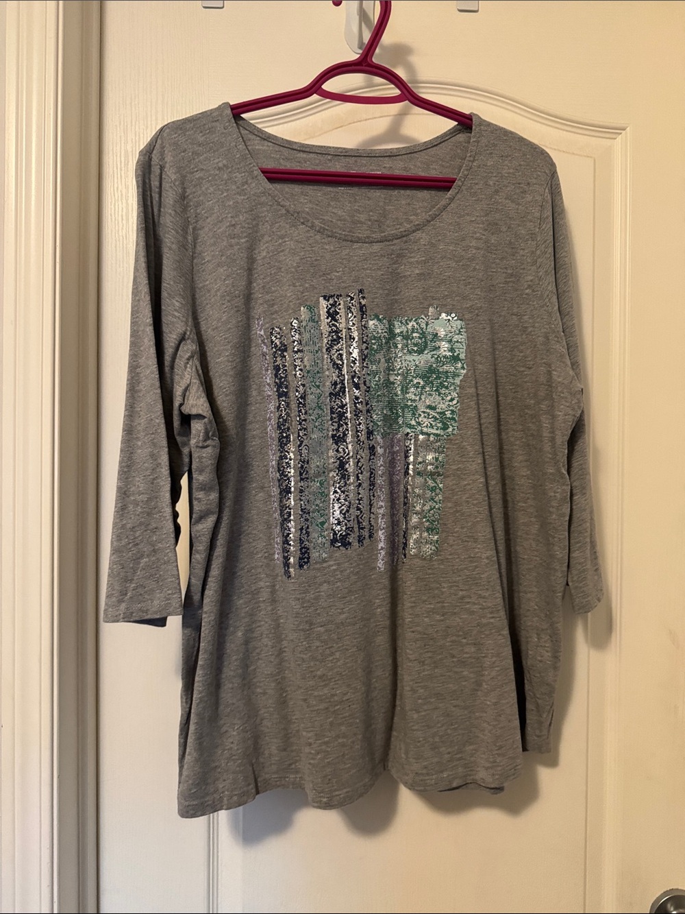 Penningtons Grey Long Sleeve Scoop Neck Top with Sequin Stripe & Block Graphic